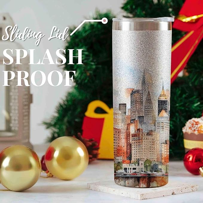 Onebttl New York City Skyline Gifts, NYC Gifts for NYC Lovers, Skyline Map 20oz Stainless Steel Tumblers with Lids and Straws, Perfect for Birthday & Christmas
