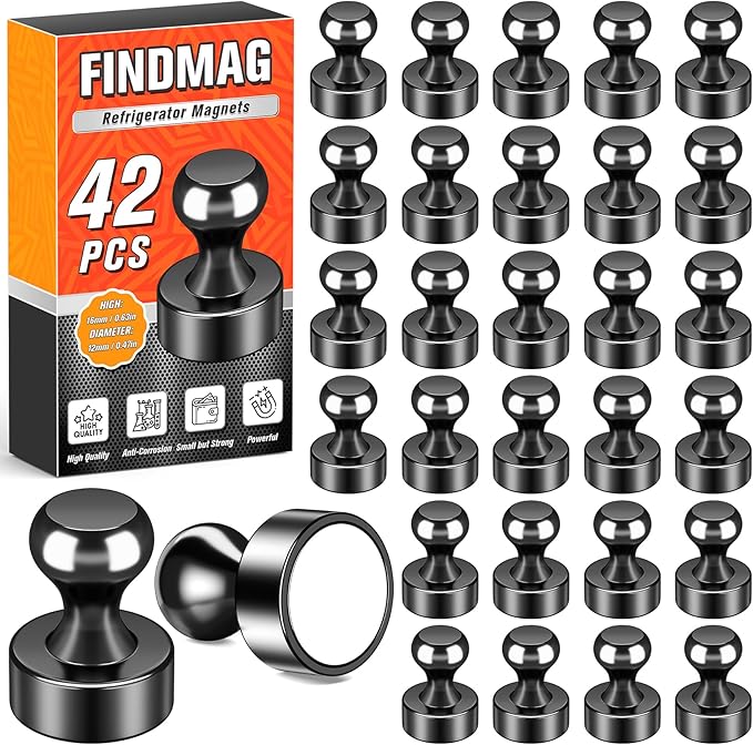 FINDMAG Magnets Refrigerator, Powerful Neodymium Refrigerator Magnet, Bulk Strong White Board Magnets Set Adults, Decorative Locker Magnet for Map, Locker, Workshop, Kitchen, Office, 48 Pack (Black)