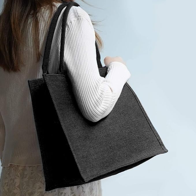 Segarty Tote Bags, 3 Pack Large Black Burlap Jute Reusable Canvas Gift Favors Bag with Handles Blank Tote Bulk for Bridesmaid Wedding, Women Market Grocery Shopping, Bachelorette Party, Beach Trip