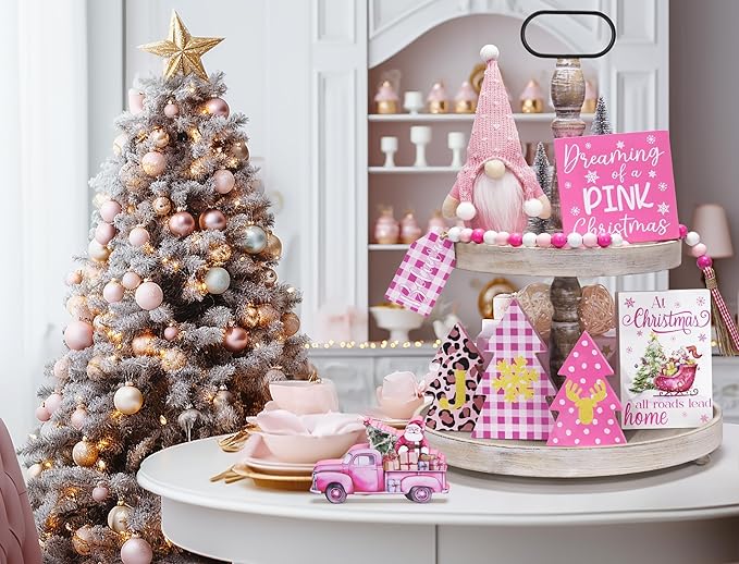 Pink Christmas Tiered Tray Decor 8 PCS Xmas Decorations Indoor - Believe Christmas Wooden Signs & Pink Xmas Gnome Plush Set - Table Decor Tier for Home Kitchen Mantel