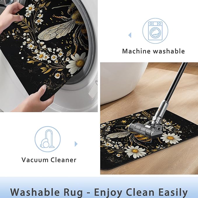 Vintage Bee Flowers Bathroom Rug 29.5"x17", Super Absorbent Fast Drying Bath Mat with Non-Slip Rubber Backing, Thin Low-Profile Easy-Clean Bathroom Floor Mat for Shower or Tub