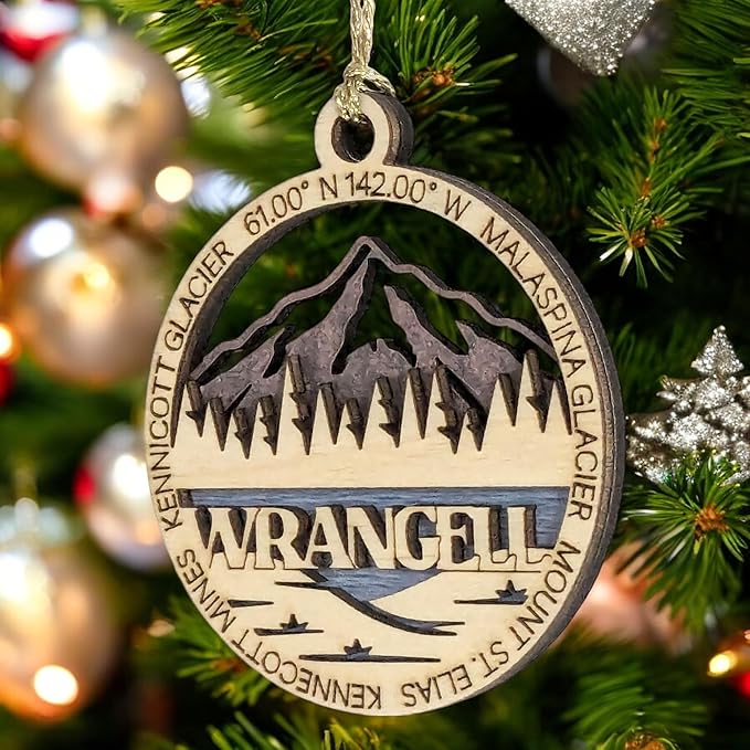Wrangell National Park 3" Wood Ornament - Laser Cut Alaska Scene with Malaspina Glacier - Handmade Decor Made in USA