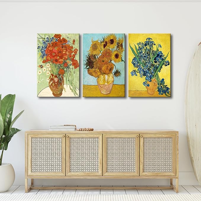 Wieco Art 3 Panels Canvas Prints of Vincent Van Gogh Paintings Reproduction Red Poppies and Daisies Irises in Vase Sunflower Canvas Wall Art for Living Room Home Office Decor