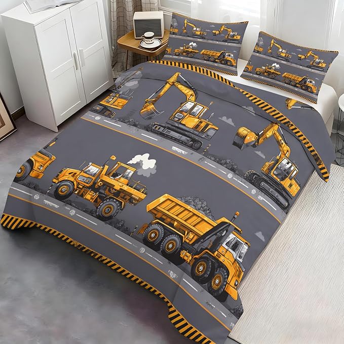 Construction Vehicles Bedding Set Twin Size Excavator Dump Truck Duvet Cover Industrial Style Comforter Cover Machinery Car Comforter Set Soft Microfiber for Bedroom