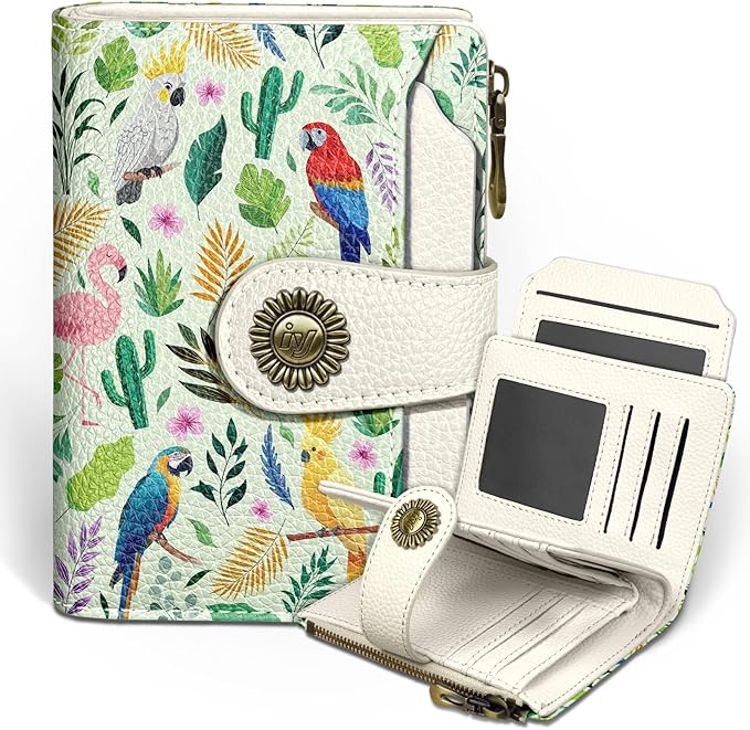Flamingo Parrot Wallet Women Small RFID Blocking Bifold, Credit Card Holder, Zipper Coin Pocket, Cute, PU Leather, Compact, Travel, 14 Card Slots, Cash Purse, Ladies Woman Female Girls