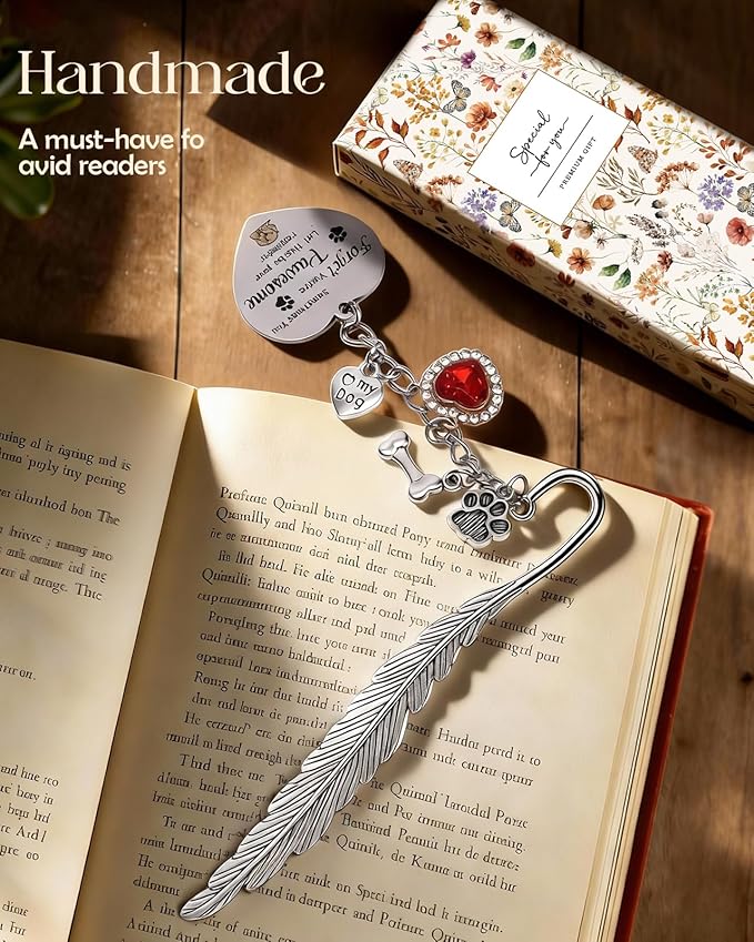 Buleens Bookmarks for Women Reading - Book Marks for Readers Book Lovers, Cute Feather Dog Paw Personalized Metal Bookmark with Pendants, Pretty and Aesthetic Book Accessories Reading Gifts