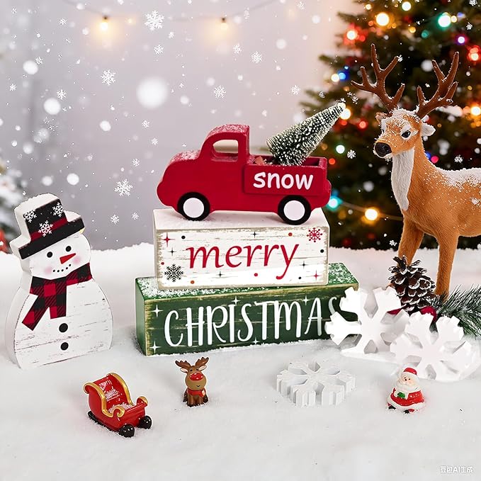 Yinhua Christmas Decorations Indoor, Christmas Table Decor, Red Truck Snowman Decorations with Xmas Tree & Snowflakes, Farmhouse Wooden Block Sign, Xmas Mantel Decor for Tiered Tray, Desk, Bookshelf