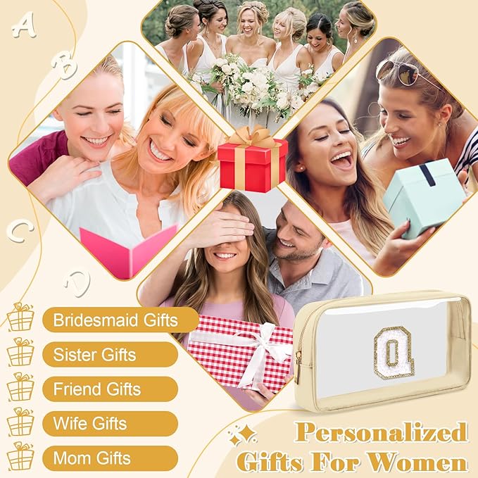 Personalized Initial Letter Clear Makeup Bag,Preppy Small Nylon&PVC Cosmetic Zipper Bag with Chenille Letter,Portable Beach Travel Skincare Toiletry Bag,Trendy Monogram Gift for Teen Girls Women,Q