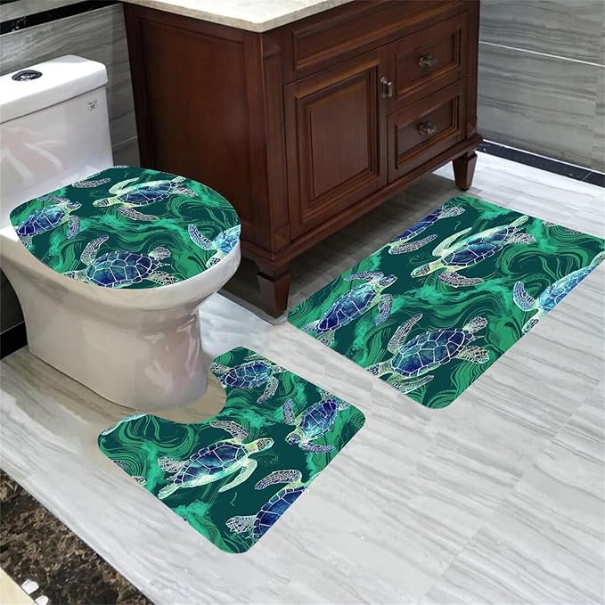 4 Pcs Turtle Shower Curtain - Ocean World Shower Curtain for Bathroom Ocean Shower Curtains Turtle Shower Curtain Set with Rug,Toilet Cover and Bath Mat with 12 Hooks