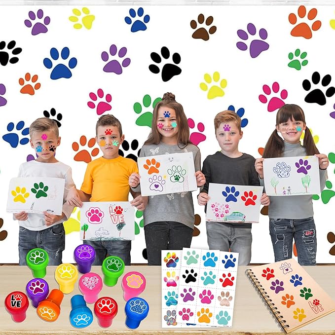 36PCS Paw Print Party Favors - 24PCS Temporary Tattoos & 12PCS Stamps - Ideal Dog Cat Pet Themed Birthday Card Decorations Supplies Goodie Bag Cute Rewards for Boys Girls Classroom Gifts Baby Shower