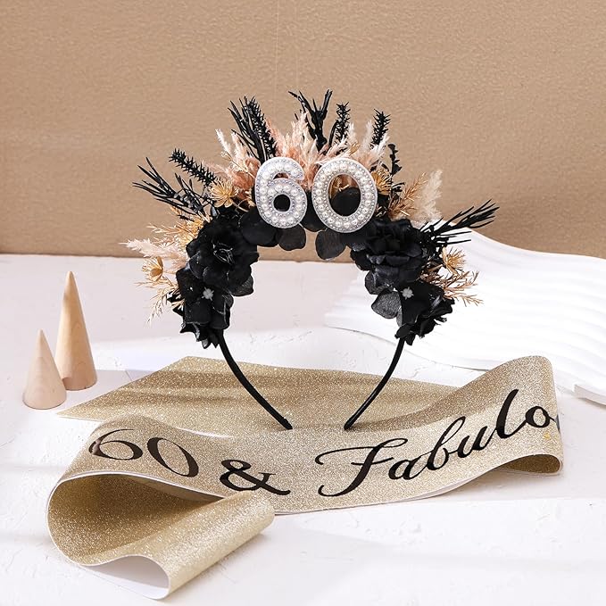 Flower Black Birthday Headband - Dark Happy Birthday Crown and Sash Set for Women Fabulous Party Accessories