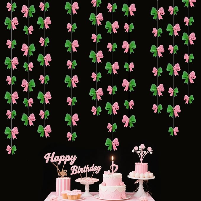 6PCS Pink and Green Party Decorations 3D Green Pink Conquette Bow Garland Witch Party Decorations Double Layer Bow Banner Streamers for Girls Witch Kids Wizard Birthday Baby Shower Decor Supplies
