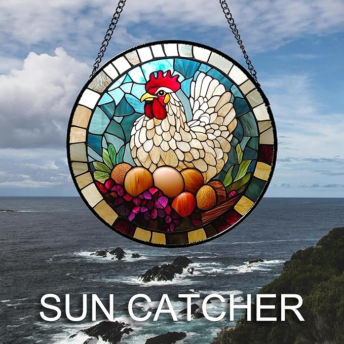 Stained Glass Window Hanging White Chicken Hatching Eggs Large 15" - Suncatcher Door Garden Sunroom Sun Catcher Home Decor Birthday Christmas for Mom Men Woman Nana