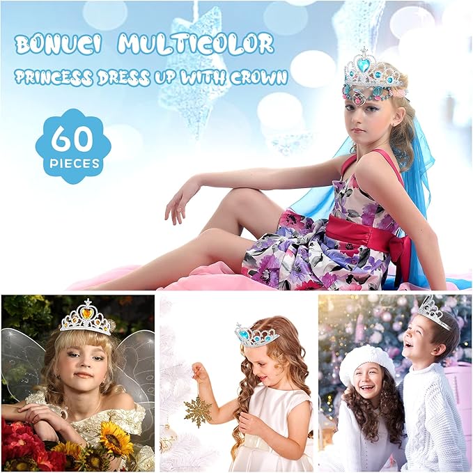Bonuci 60 Pack Kids Tiara Crown Set Dress up Costume Party Accessories Princess Crown with Heart Stones Plastic Headband for Little Girls Women Toddler Birthday Valentine Favors