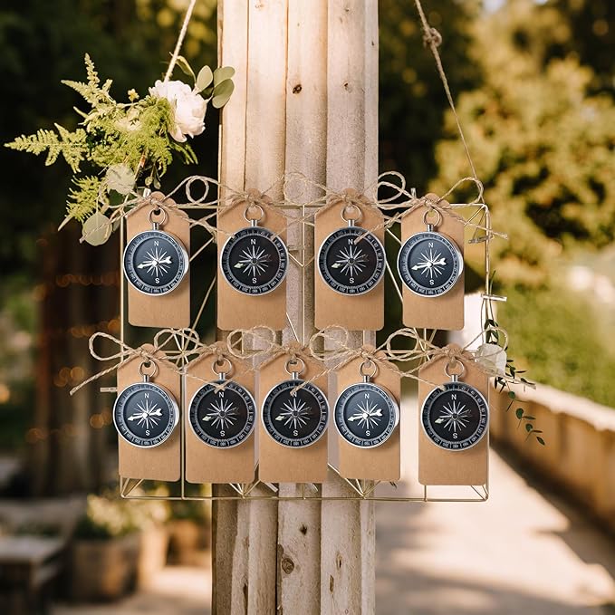 TaoBary 60 Pcs Compasses Valentines Day Wedding Party Favors Set, 2026 Mini Compass Souvenir Nautical with Kraft Tags and Organza Bag for Guests Birthday Nautical Travel Party Souvenir Gift(Silver)