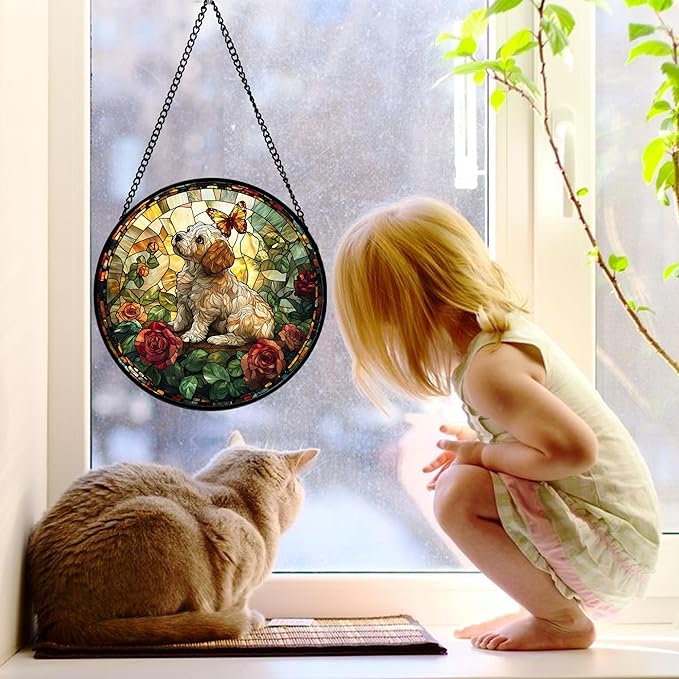 Stained Glass Window Hanging, Cute Dog and Flowers Suncatcher for Doors Home Butterfly Sun Catchers Decoration and Christmas, Mother's Day Birthday Gifts for Women, Men, and Mom 11.8x11.8 in