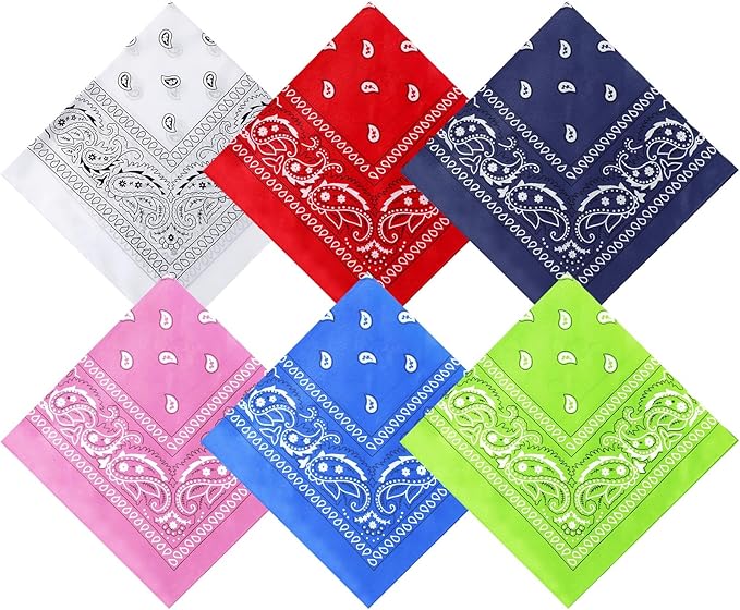 Blulu 6 Pcs Neon Color Cowboy Bandanas for Men Women Assorted Paisley Pattern Handkerchiefs 22 x 22 Inch Kids Headwrap Scarfs