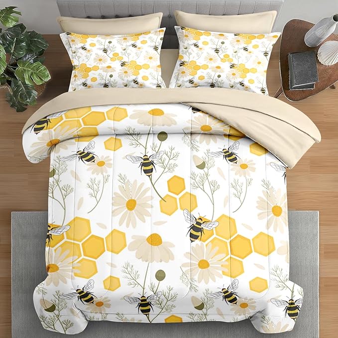 Comforter Set Full Size, Bees Honey Flower 7 Pcs Bedding for Kids and Adults, Spring Floral Summer Bed Sheet Sets with Fitted Sheet 2 Pillowcases & 2 Shams for Bedroom Bed Decor