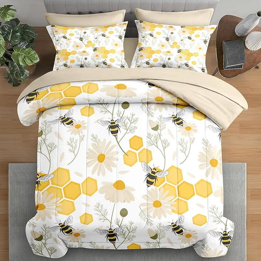Comforter Set Full Size, Bees Honey Flower 7 Pcs Bedding for Kids and Adults, Spring Floral Summer Bed Sheet Sets with Fitted Sheet 2 Pillowcases & 2 Shams for Bedroom Bed Decor