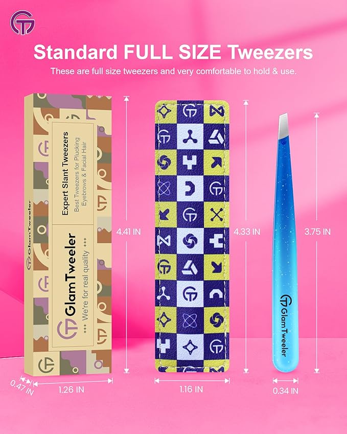Expert Slant Tip Tweezers with Leather Travel Case, GlamTweeler Sharp & Precision Stainless Steel Tweezer for Eyebrows, Facial Hair and Fine Hairs Removal (Sparkle Royal Blue & Aqua)