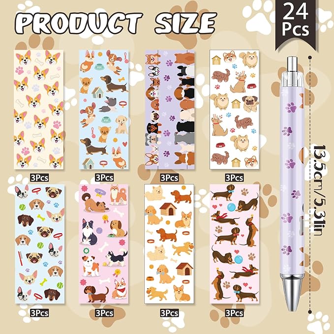 Dog Ballpoint Pens Gifts - 24 Pcs Cartoon Dog Pen Set for Dogs Lovers Puppy Paw Print Animal Retractable Smooth Writing Ballpoint Pen Gifts for Women Men Students Office School Supplies