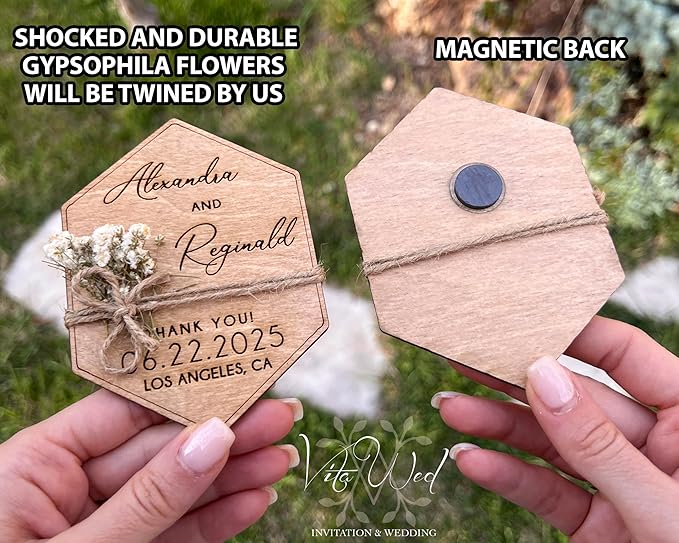 Wooden-Floral Personalized Wedding Favors for Guests, Wedding Party Favors Magnets with Envelopes and Stickers, Pack of 12 to 300