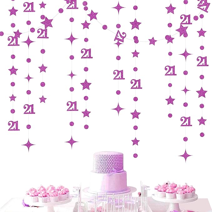 Purple Number 21 Circle Dot Twinkle Star Garland Glitter Hanging Streamer Bunting Banner Backdrop Decoration for Girls Boys 21st Birthday Finally Legal Twenty One Anniversary Wedding Party Supplies