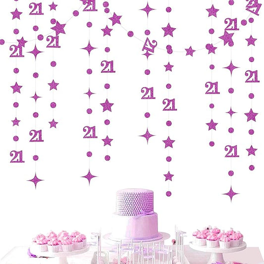 Purple Number 21 Circle Dot Twinkle Star Garland Glitter Hanging Streamer Bunting Banner Backdrop Decoration for Girls Boys 21st Birthday Finally Legal Twenty One Anniversary Wedding Party Supplies
