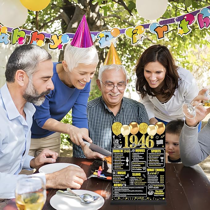Black Gold 80th Birthday Decorations Gifts for Men Women, Two-Sided Vintage 80 Back in 1946 Theme Poster Wooden Table Sign with Stand, Eighty Years Old Bday Centerpieces Holder for Table Decor