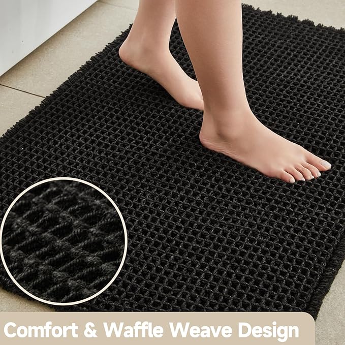 Black Bathroom Rug, Waffle Bath Mat Non Slip Washable Super Absorbent Quick Dry Boho Farmhouse Bathroom Decor, 48"x24" Black