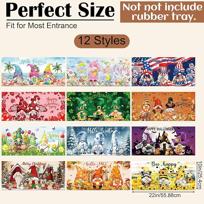 Nuanchu 12 Pcs Seasonal Door Mat Interchangeable Doormat Inserts Entrance Welcome Mats 22 x 10 Inches Non Slip Mats Gifts for Front Door Christmas Thanksgiving Decoration (No Frame)(Gnomes)