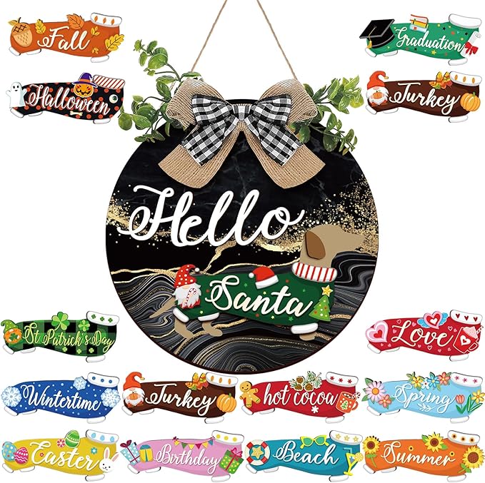 Glenmal 16 Pcs Seasonal Dachshund Door Decor for All Season and Holiday Hanging Cute Christmas Dachshund Welcome Sign Rustic Wooden Farmhouse Front Door Signs Outdoor(Black, Gold)