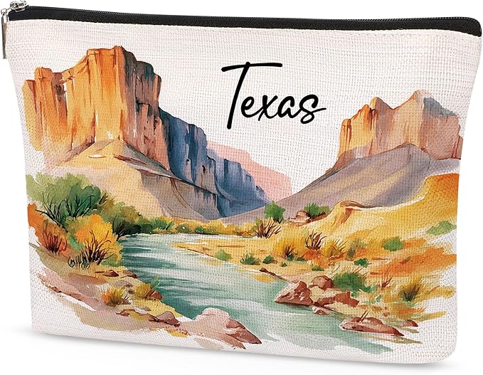 Texas Watercolor Makeup Bag, Waterproof Linen Travel Cosmetic Pouch, Texas-Themed Gifts & Souvenirs for Women, Toiletry Organizer for Travelers, Friends & Coworkers, 9.8×7.1×2 in