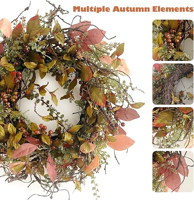 26 Inch Fall Wreaths for Front Door Burgundy Berry Wreath with Leave, Large Autumn Wreath Decor on Grapevine for Farmhouse Front Door Wall Window Home Decoration and Christmas Thanksgiving Celebration