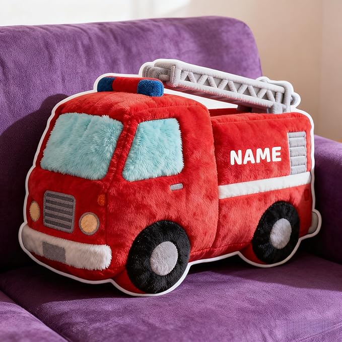 Personalized Fire Truck Shaped Pillow, Custom Name Plush Stuffed Pillows, Suitable for Beds, Sofas, Bedrooms, Living Rooms Custom Decorative Cushion Gifts for Birthday and Anniversary