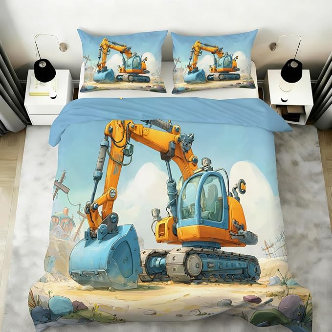 Cartoon Excavator Bedding Set Queen Size Kids Construction Vehicle Duvet Cover Engineering Vehicle Comforter Cover Construction Machinery Bed Set Soft Microfiber for Bedroom