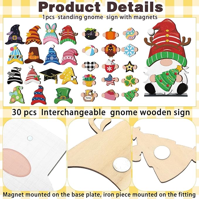 Blulu 32 Pcs Christmas Interchangeable Wooden Gnome Decor DIY Holiday Christmas Seasonal Tiered Tray Decoration Gnomes with Magnet Pieces Welcome Sign for Xmas Holiday Decorations (Cute)