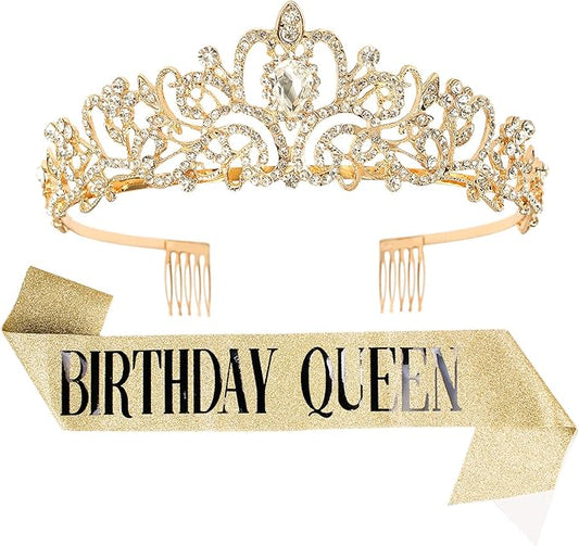 Velscrun Birthday Queen Tiaras Crown for Women, Girls Princess Crowns for Women, Queen Tiara for Mom, Golden Yellow Rhinestones Birth Crown Headband Birth Sash, 50th Birthday Prom Party Decorations