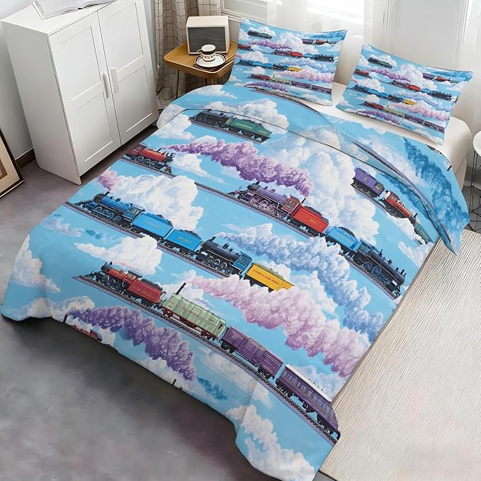 Vintage Steam Train Duvet Cover California King Colorful Cartoon Train Bedding Set Cloud Railway Comforter Set Railway-Themed Duvet Cover with Zipper Ties for Bedroom