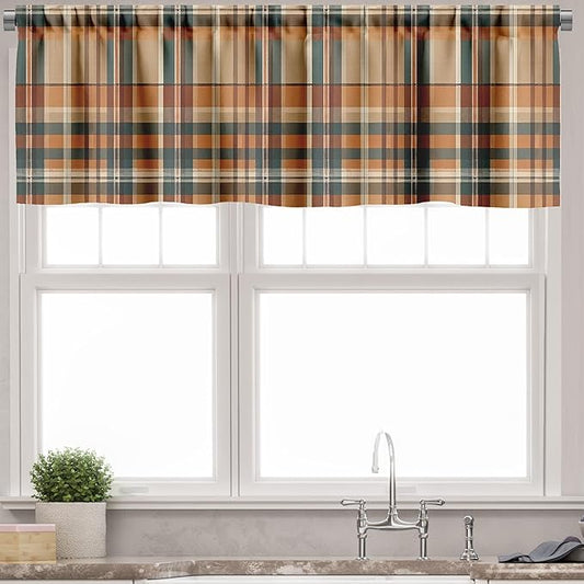 Ambesonne Autumn Plaid Window Valance Pack of 2, Fall Harvest Traditional Buffalo Tartan Lines Thanksgiving Art, Rod Pocket Curtain Valances Kitchen Bedroom, 42" X 18",Orange Tan Grey Teal