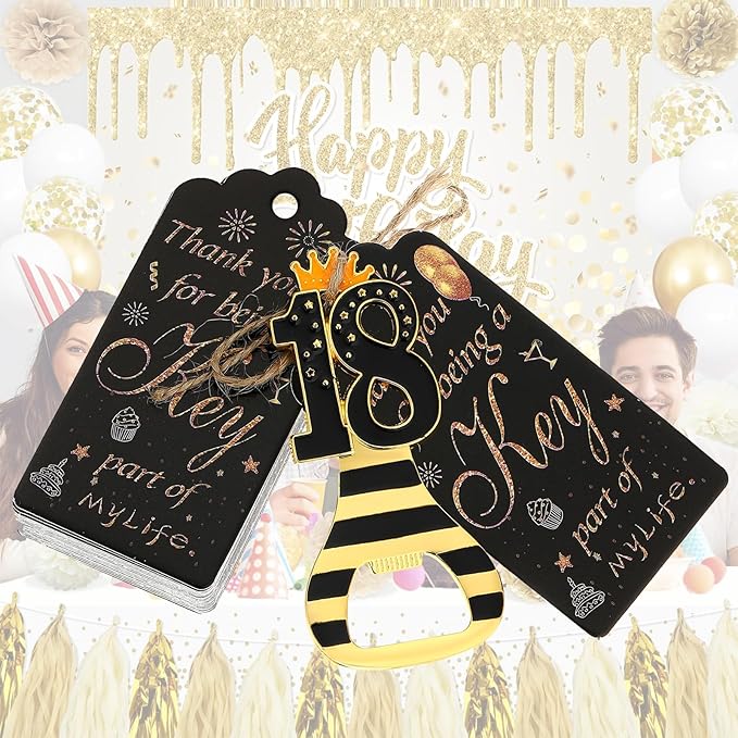 24pcs 18th Gold Keychain Bottle Opener 18th Birthday Party Favors, 18 Keychain Beer Bottle Opener Favors Anniversary Souvenirs Return Gifts for Guests Party Decor Supplies (black 18)