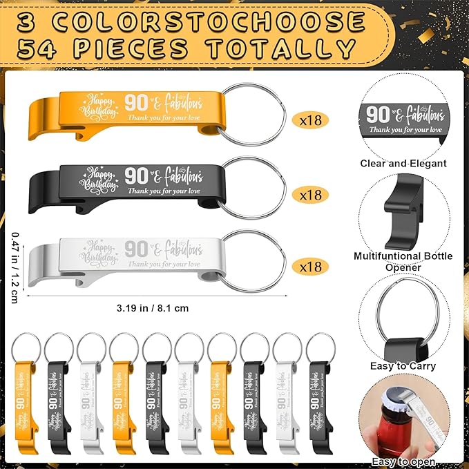 Dandat 54 Sets 90th Birthday Party Favors for Guests Birthday Beer Opener Keychain Cheers to 90 Bottle Opener Keychain with Thank You Cards and Gift Bags for Anniversary Wedding Party Favors