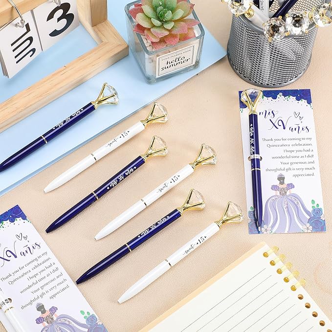 50 Set Quinceanera Party Favors for Guest Sweet 15 Diamond Pens Bulk Mis XV Años Fancy Ballpoint Pen with Thank You Cards and Ties 15th Birthday Thank You Gifts(White, Royal Blue)