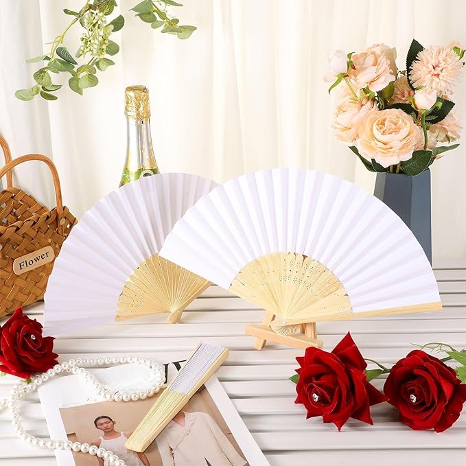 Yinkin 24 Pack Folding Fans Bamboo Handheld Folded Craft Hand Japanese Chinese Fans for Weddings Bridal Dancing Church DIY Decoration Women Gift Party Favors (White)