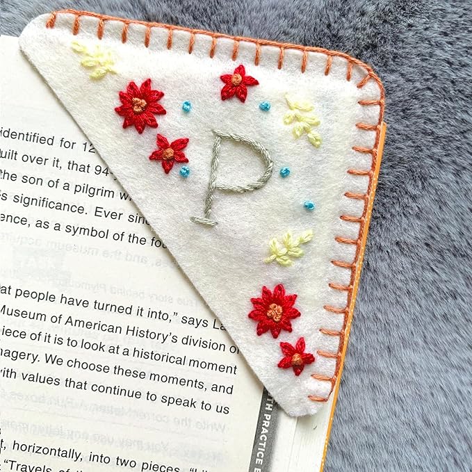Personalized Hand Embroidered Corner Bookmark, Cute Flower Book Mark, Hand Stitch Gift for Women Book Lovers by HNQCPCVU (P, White)