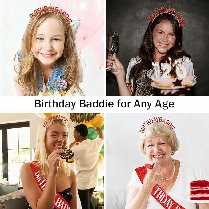 Canitor Birthday Baddie Sash Crown Set Birthday Gifts Party Favors Supplies Decorations & Accessories for Women Girl Adult Outfits Rhinestone Tiara Headband Soft Satin Sash