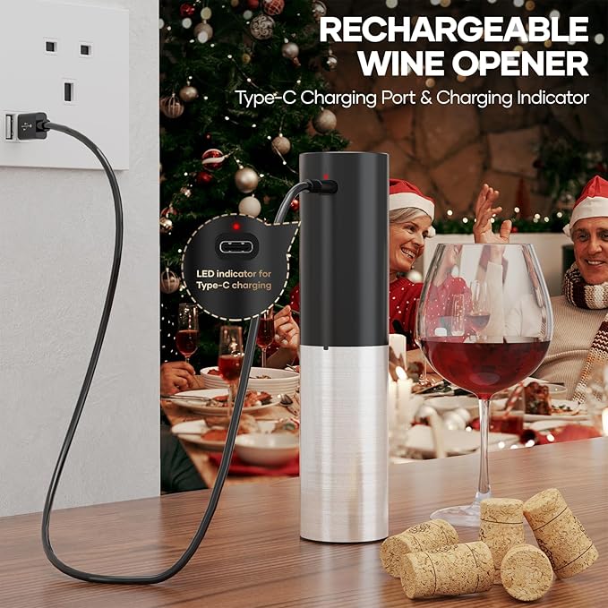 Electric Wine Opener, Automatic Electric Wine Bottle Corkscrew Opener with Foil Cutter Aerator Pourer Vacuum Stopper, Rechargeable Wine Opener Set, Gift For Christmas New Year Housewarming Birthday