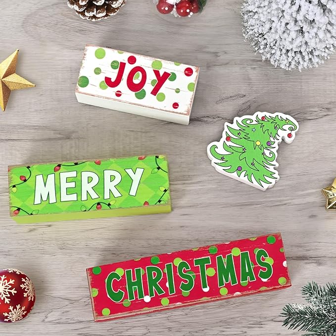 Yinhua Christmas Decorations Indoor, Christmas Table Decor, Funny Xmas Tree Decorations, Farmhouse Wooden Block Sign, Table Top Decors, Xmas Mantel Decor for Tiered Tray, Desk, Bookshelf