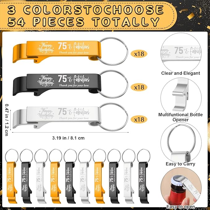 Dandat 54 Sets 75th Birthday Party Favors for Guests Birthday Beer Opener Keychain Cheers to 75 Bottle Opener Keychain with Thank You Cards and Gift Bags for Anniversary Wedding Party Favors