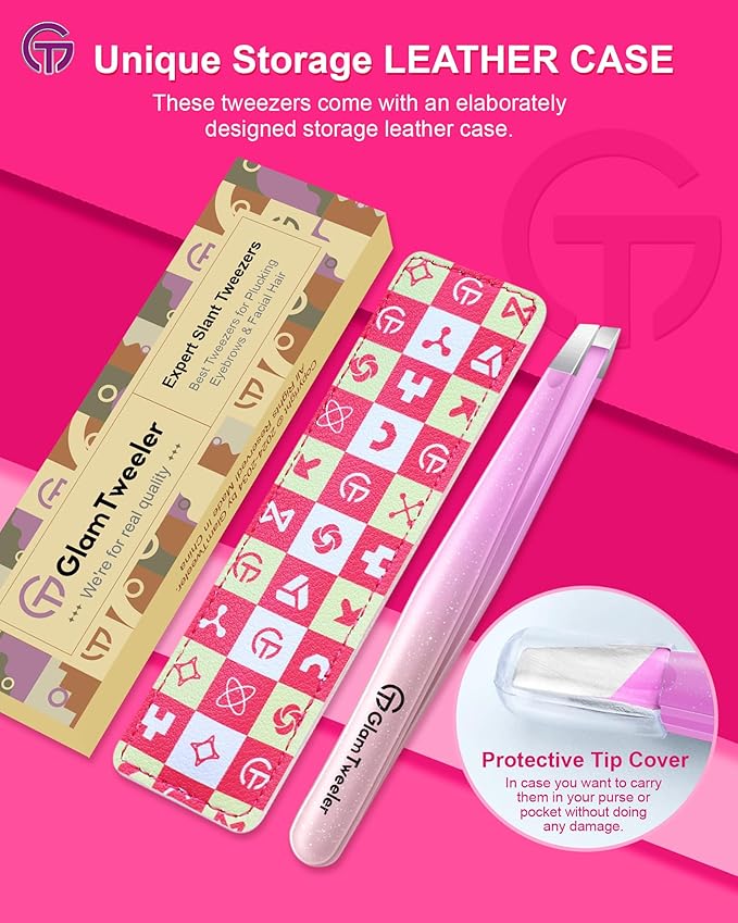 Expert Slant Tip Tweezers with Leather Travel Case, GlamTweeler Sharp & Precision Stainless Steel Tweezer for Eyebrows, Facial Hair and Fine Hairs Removal (Sparkle Violet & Peach)